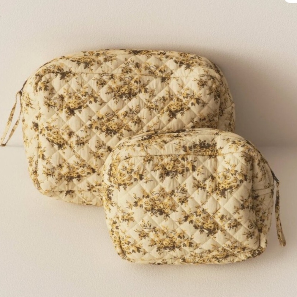 Doen Quilted Floral Cosmetic Pouches in Cream and Mustard